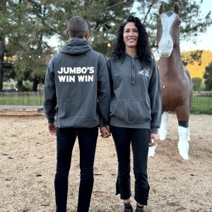 Grey Jumbos Win Win Hoodie modeled by a man and a woman