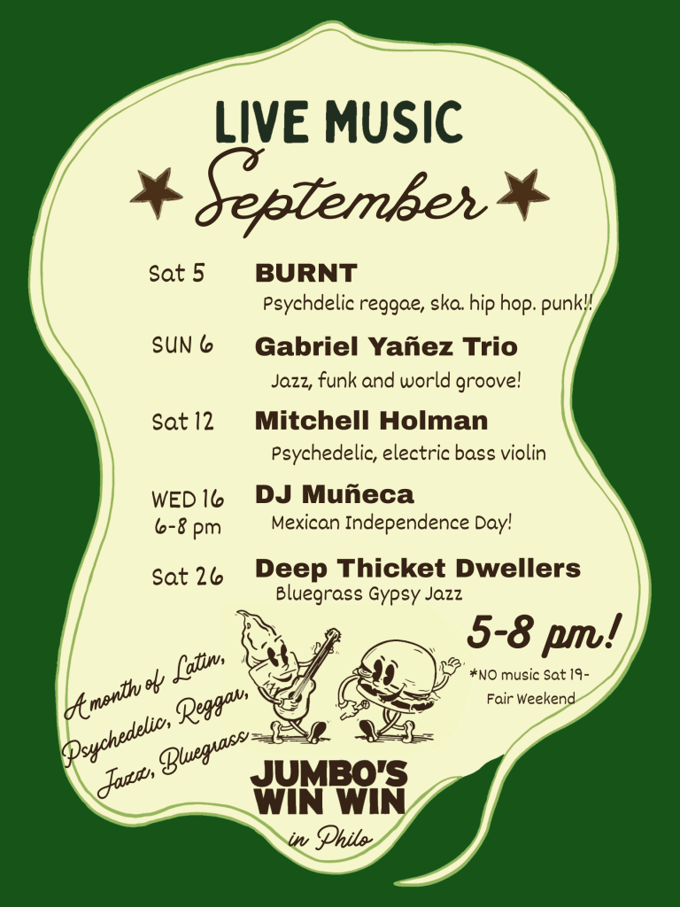 September Concerts at Jumbo's:
Sat 5: Burnt (psychedelic reggae, ska, hip hop, punk)
Sun 6: Gabriel Yañez Trio (Jazz, funk and world groove)
Sat 12: Mitchell Holman (psychedelic, electric bass violin)
Wed 16: DJ Muñeca (Mexican Independence Day)
Sat 26: Deep Thicket Dwellers (bluegrass Gypsy jazz)